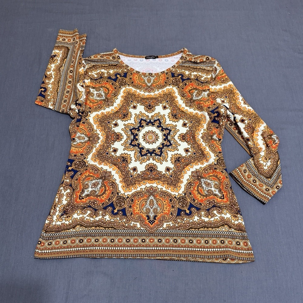 J. McLaughlin Women's Top Paisley Boho Long Sleeve, Large, Orange Blouse Stretch